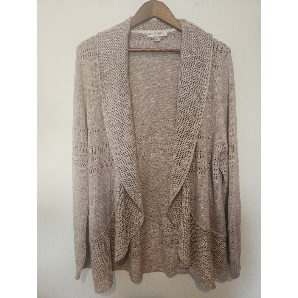 Boho Knox Rose Open Front Cardigan Women XXL Taupe‎ Pointelle Knit Shawl Collar